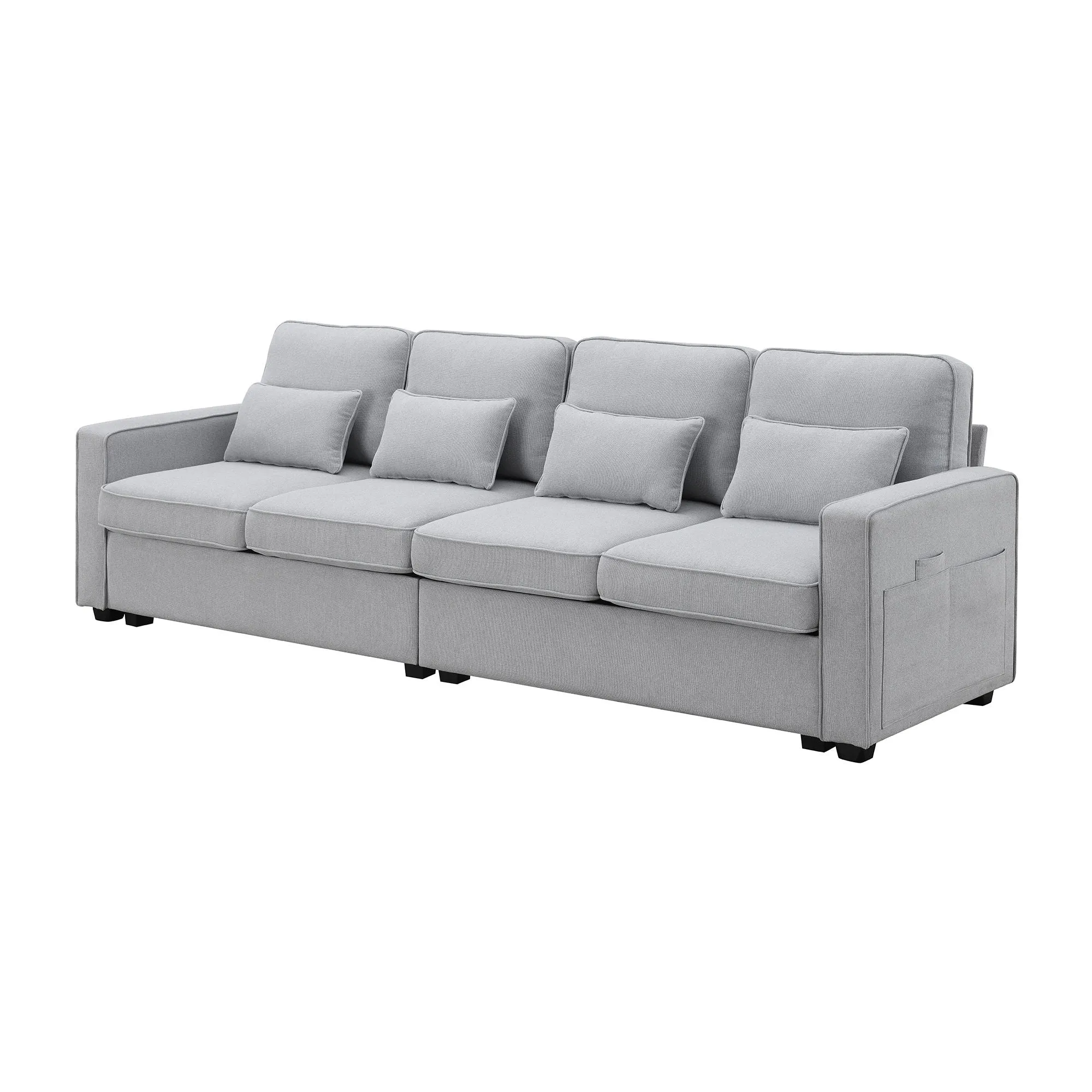 4 Seater Modern Linen Sofa With Armrest Pockets And 4 Pillows, Minimalist Style Couch For Living Room by Couch.com