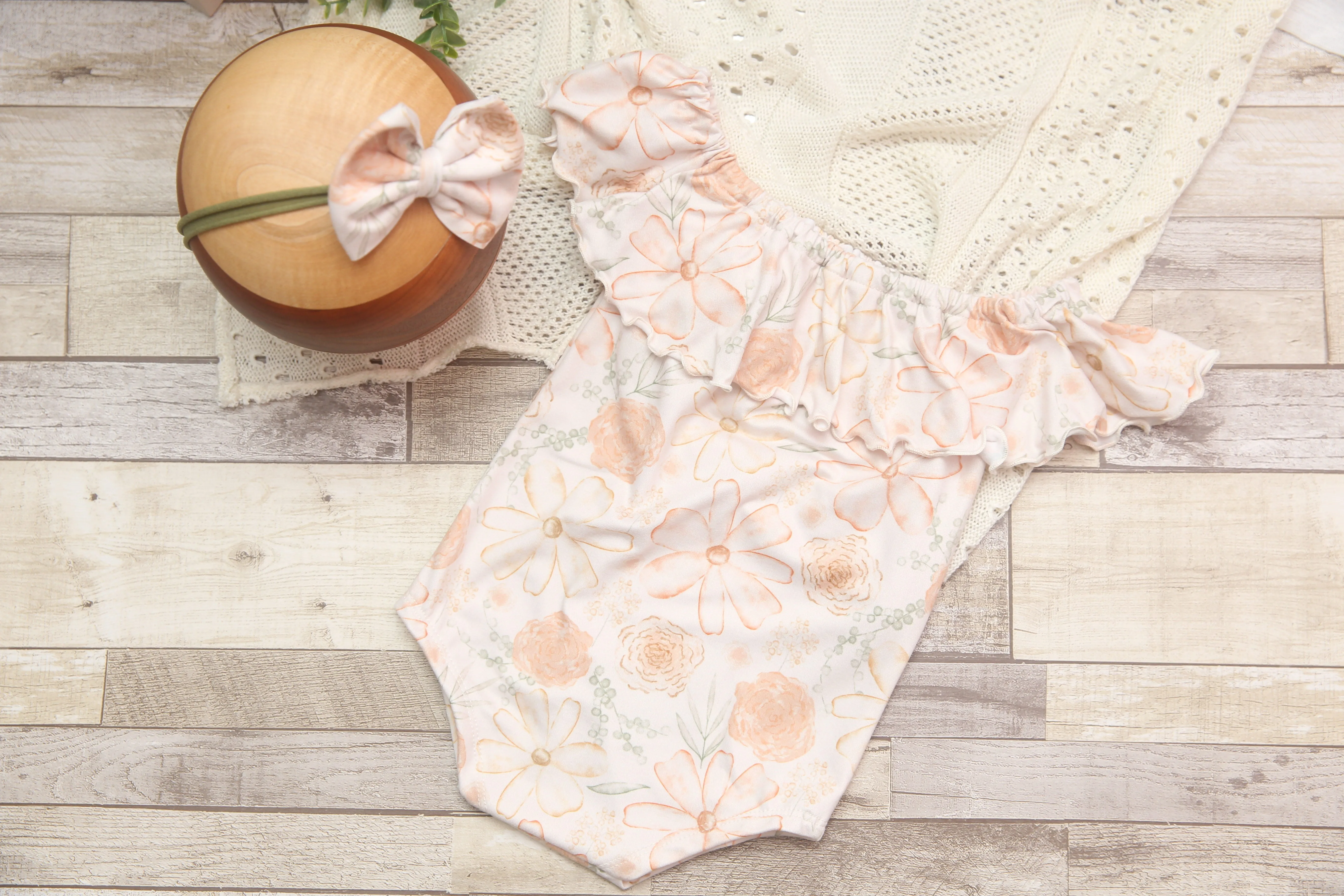Anisa- Sitter Flutter Romper; Sitter Romper; Peach Pop Floral; READY TO SHIP