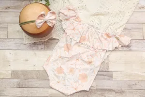 Anisa- Sitter Flutter Romper; Sitter Romper; Peach Pop Floral; READY TO SHIP