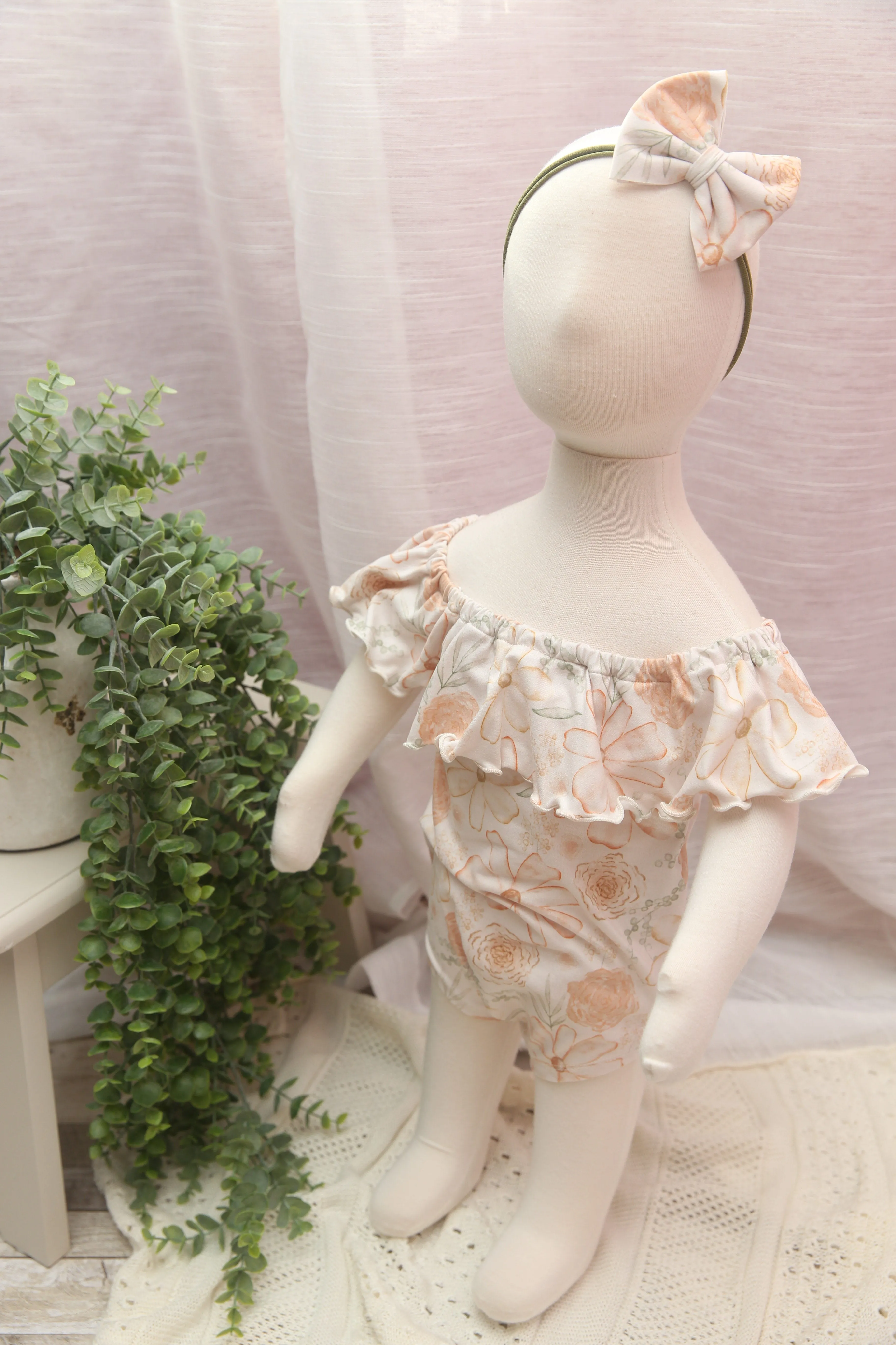 Anisa- Sitter Flutter Romper; Sitter Romper; Peach Pop Floral; READY TO SHIP