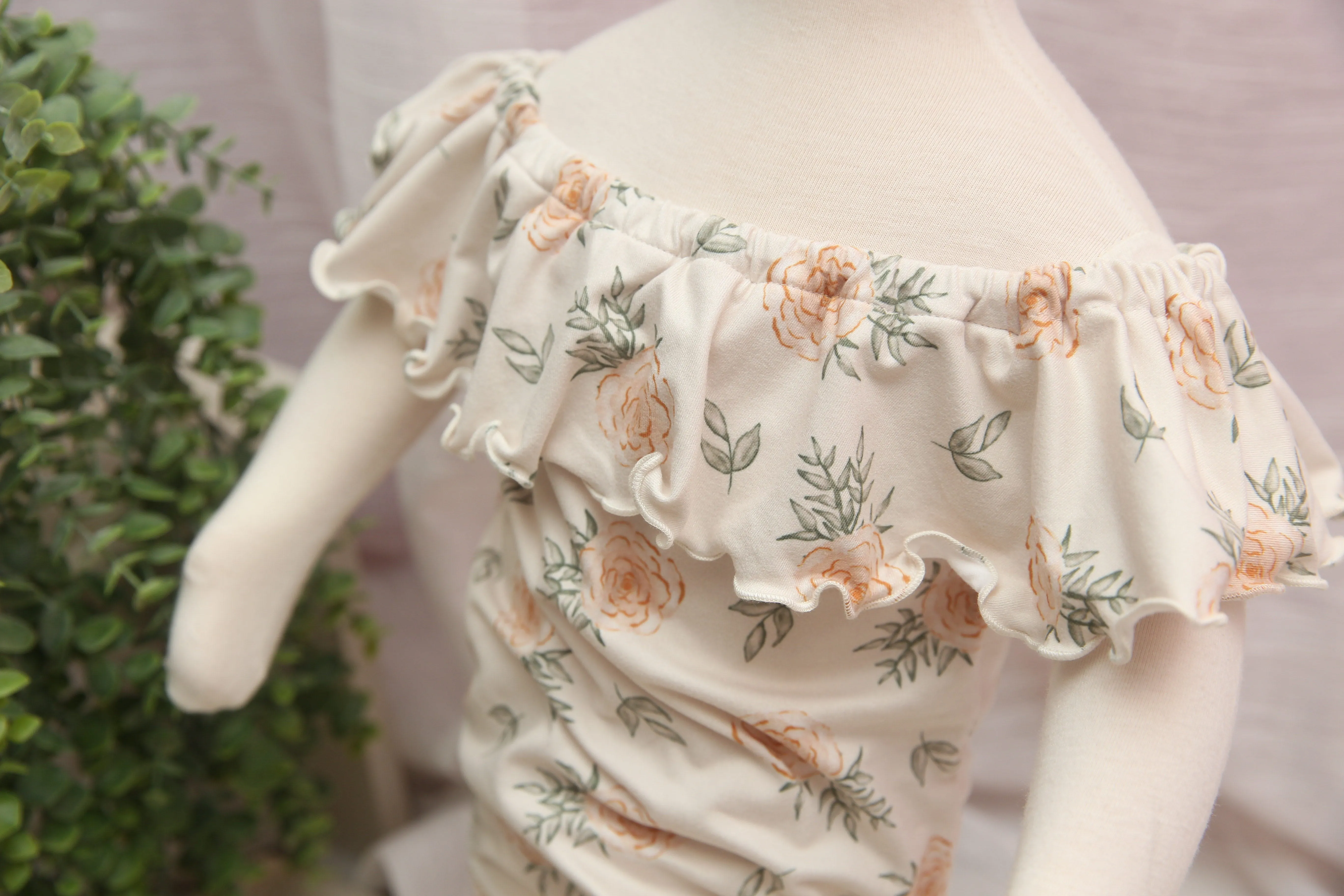 Anisa- Sitter Flutter Romper; Sitter Romper; Peach Rose Floral; READY TO SHIP
