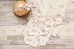 Anisa- Sitter Flutter Romper; Sitter Romper; Peach Rose Floral; READY TO SHIP