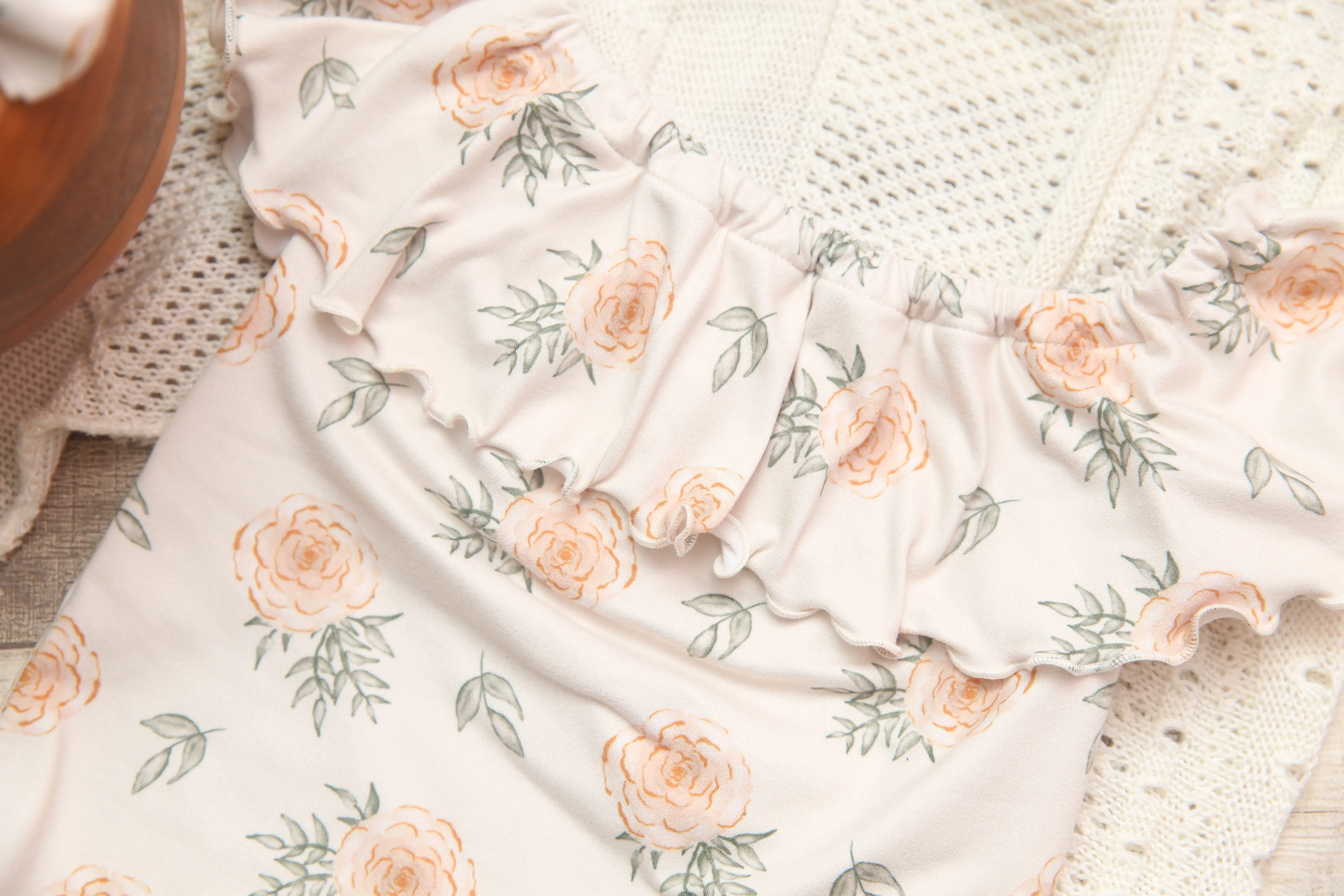 Anisa- Sitter Flutter Romper; Sitter Romper; Peach Rose Floral; READY TO SHIP