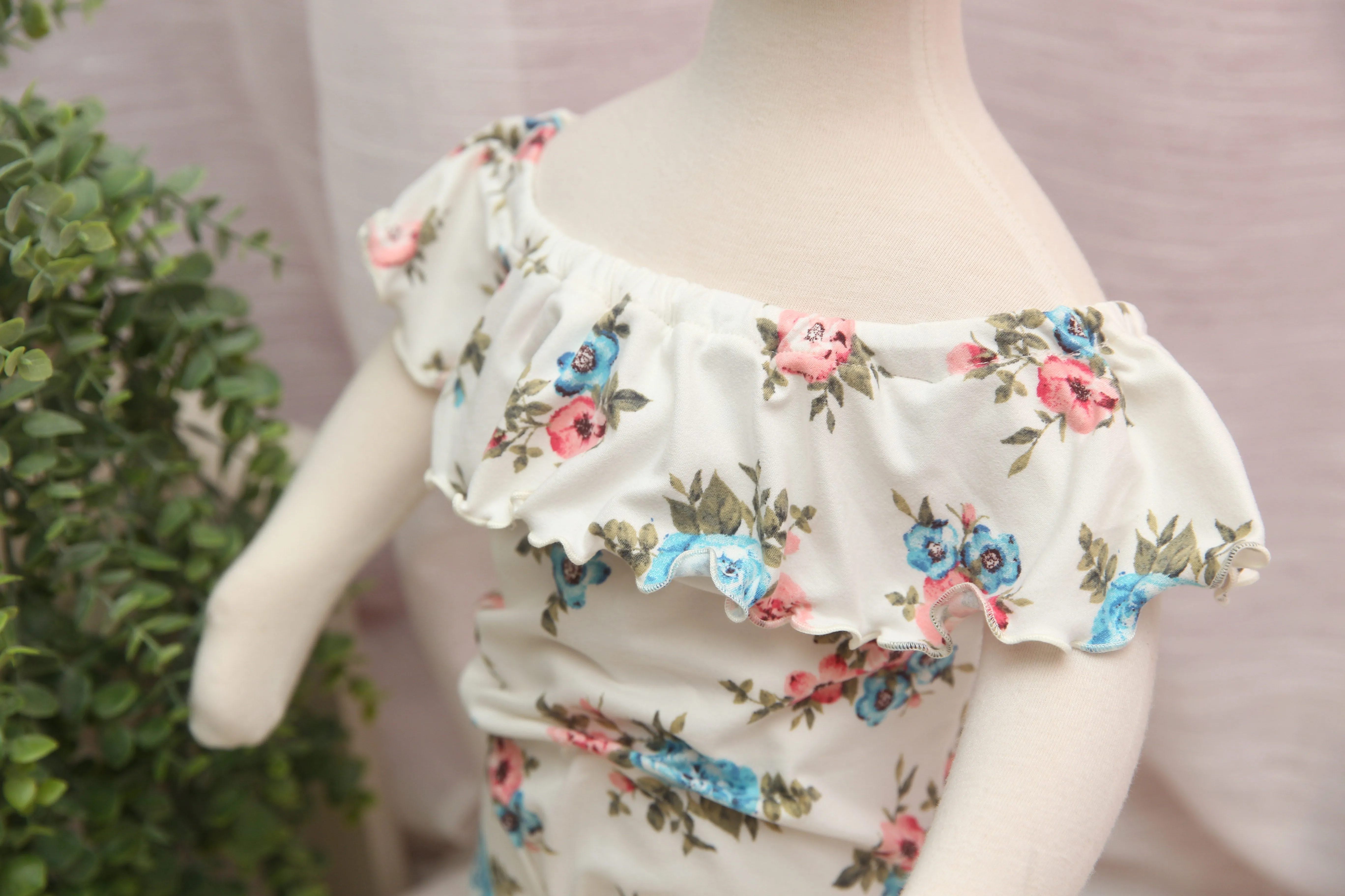 Anisa- Sitter Flutter Romper; Sitter Romper; Pink, White & Blue Floral; READY TO SHIP