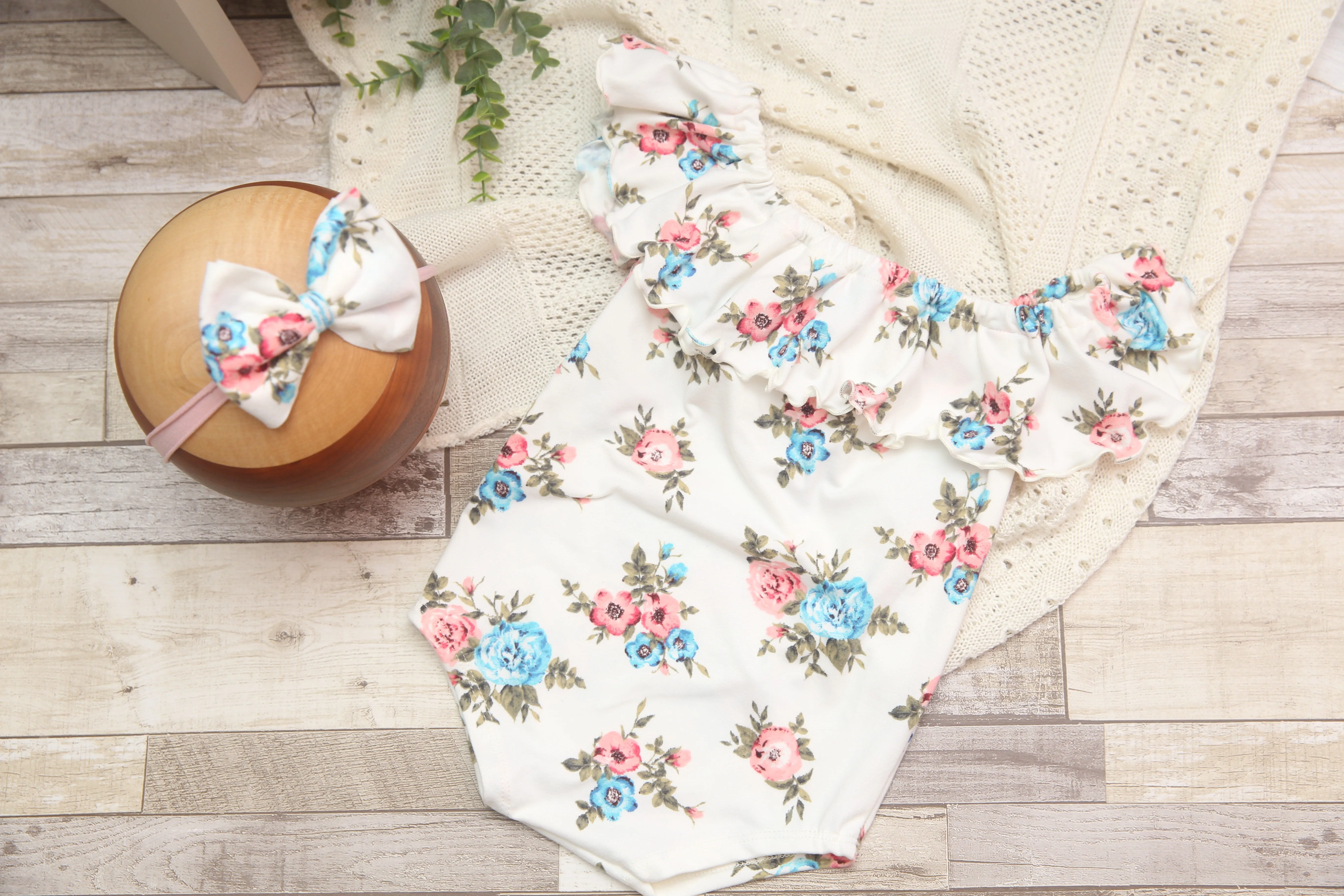 Anisa- Sitter Flutter Romper; Sitter Romper; Pink, White & Blue Floral; READY TO SHIP