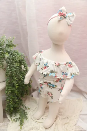 Anisa- Sitter Flutter Romper; Sitter Romper; Pink, White & Blue Floral; READY TO SHIP