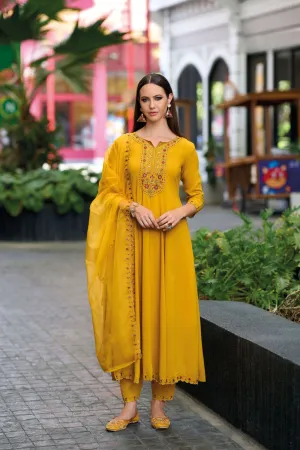 Attractive Yellow Color Softy Viscose Salwar Suits With Embroidery Work For Women