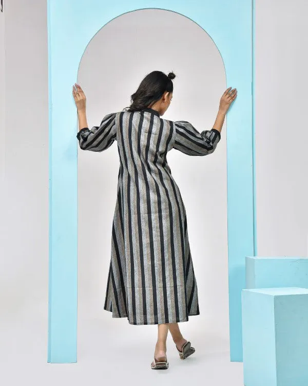 Black Grey Striped Midi Dress