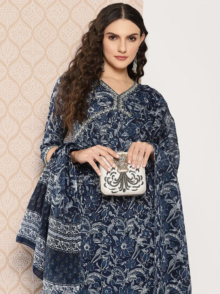 Blue Women Floral Embroidered Regular Pure Cotton Kurta With Trousers & With Dupatta
