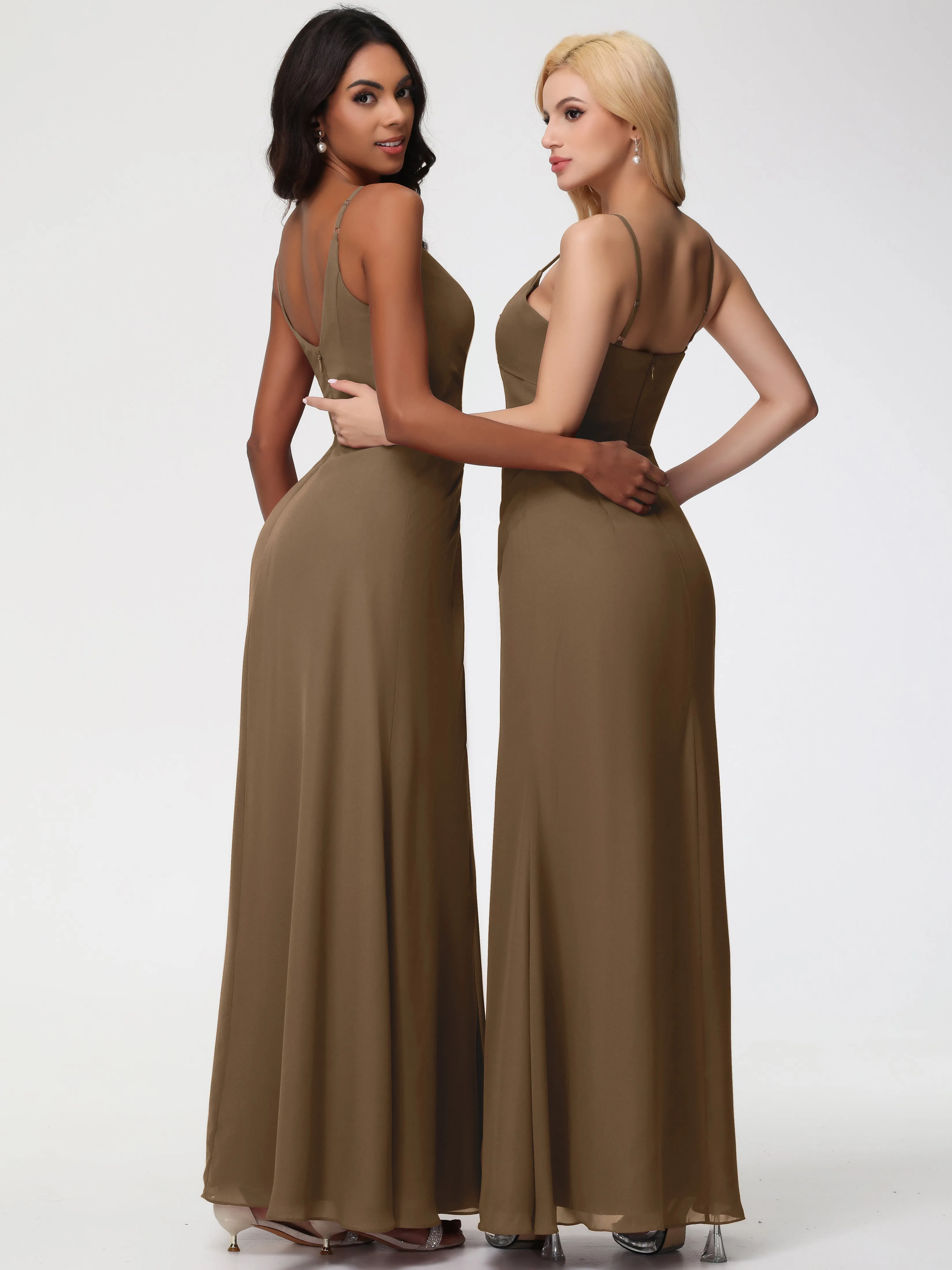 Bridesmaid Dresses Mocha Colour A-Line V-Neck Spaghetti Straps Ruched Chiffon Bridesmaid Dresses With Slit