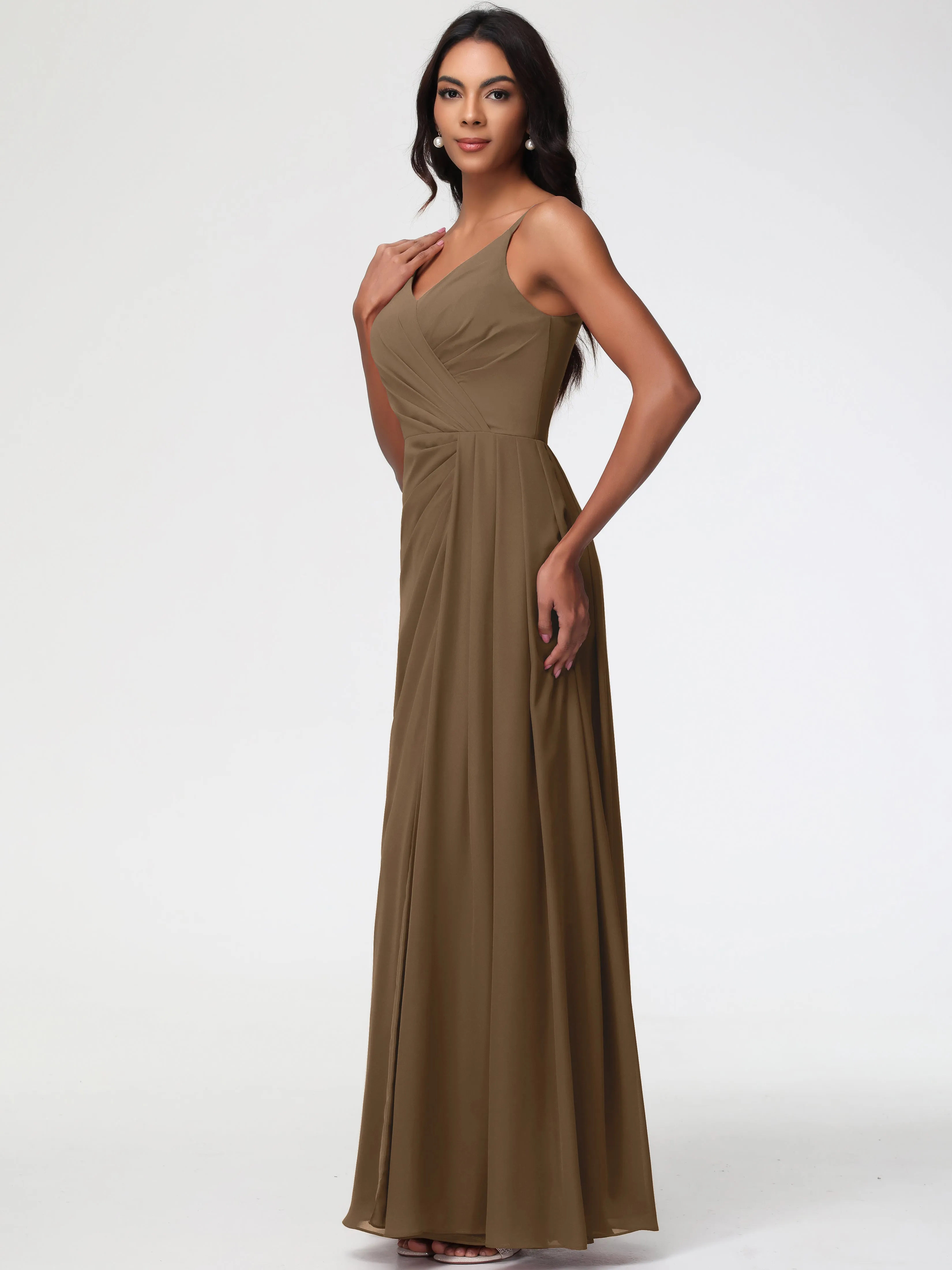 Bridesmaid Dresses Mocha Colour A-Line V-Neck Spaghetti Straps Ruched Chiffon Bridesmaid Dresses With Slit