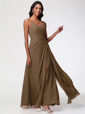 Bridesmaid Dresses Mocha Colour A-Line V-Neck Spaghetti Straps Ruched Chiffon Bridesmaid Dresses With Slit