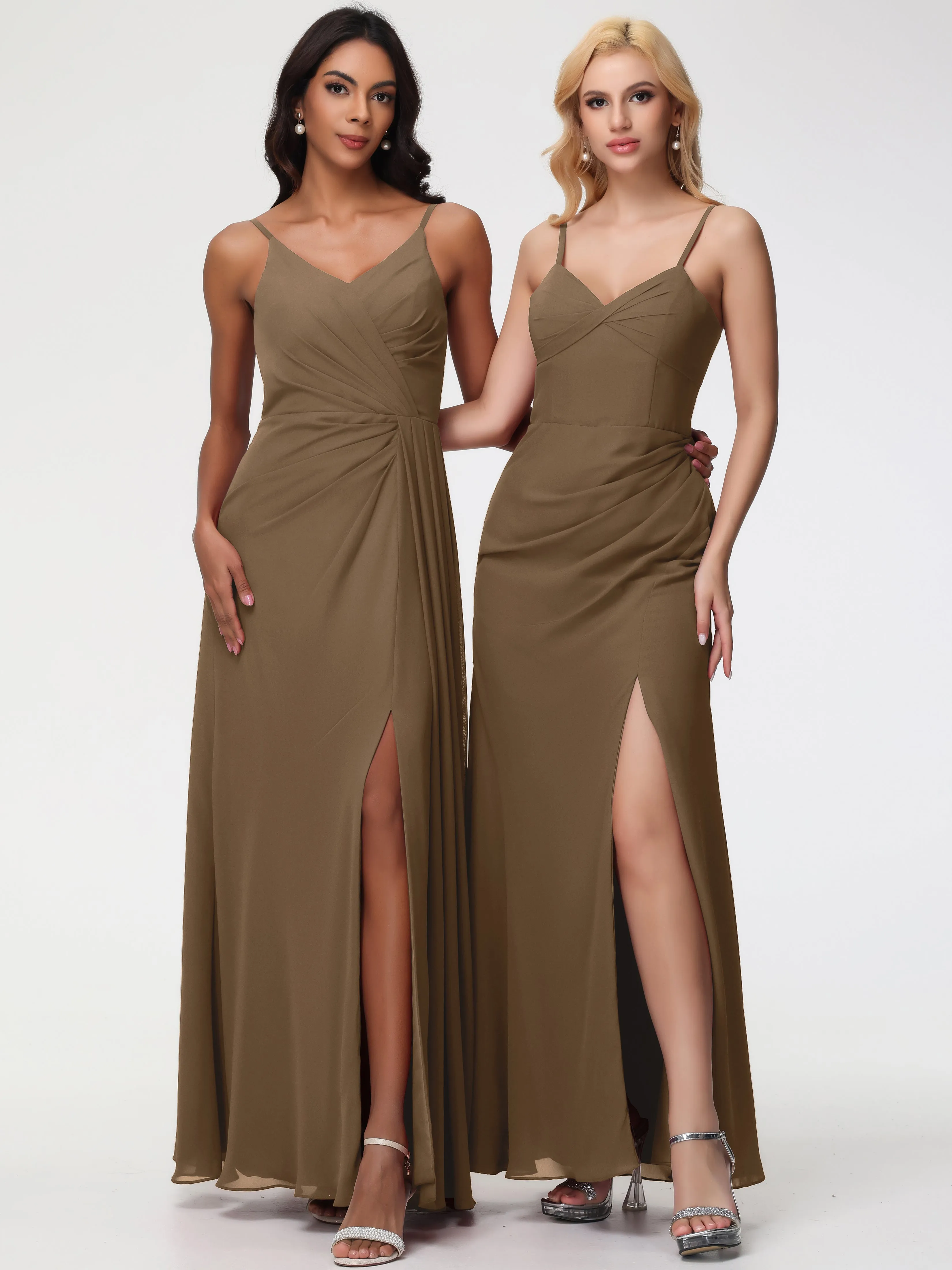 Bridesmaid Dresses Mocha Colour A-Line V-Neck Spaghetti Straps Ruched Chiffon Bridesmaid Dresses With Slit