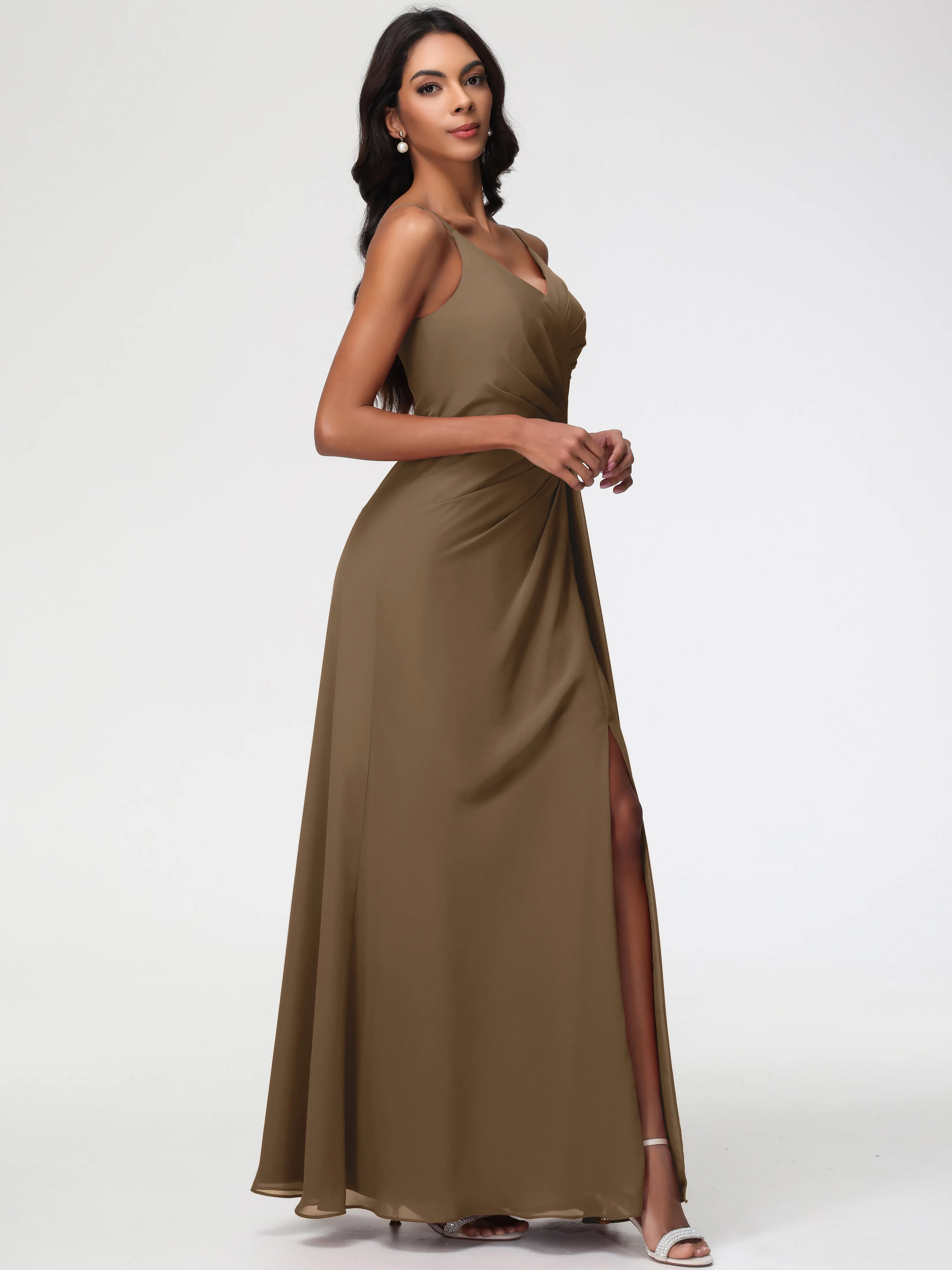 Bridesmaid Dresses Mocha Colour A-Line V-Neck Spaghetti Straps Ruched Chiffon Bridesmaid Dresses With Slit