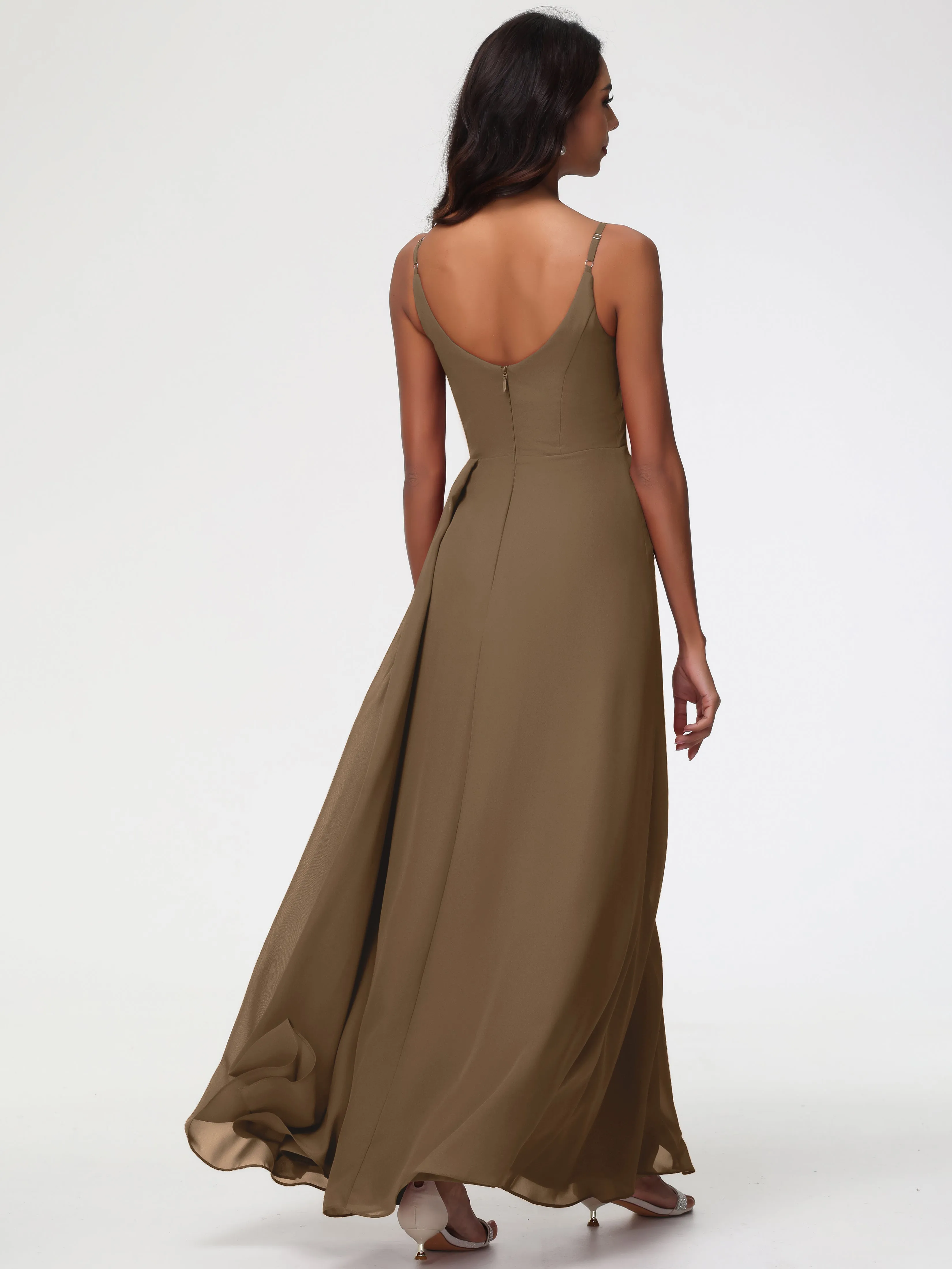 Bridesmaid Dresses Mocha Colour A-Line V-Neck Spaghetti Straps Ruched Chiffon Bridesmaid Dresses With Slit