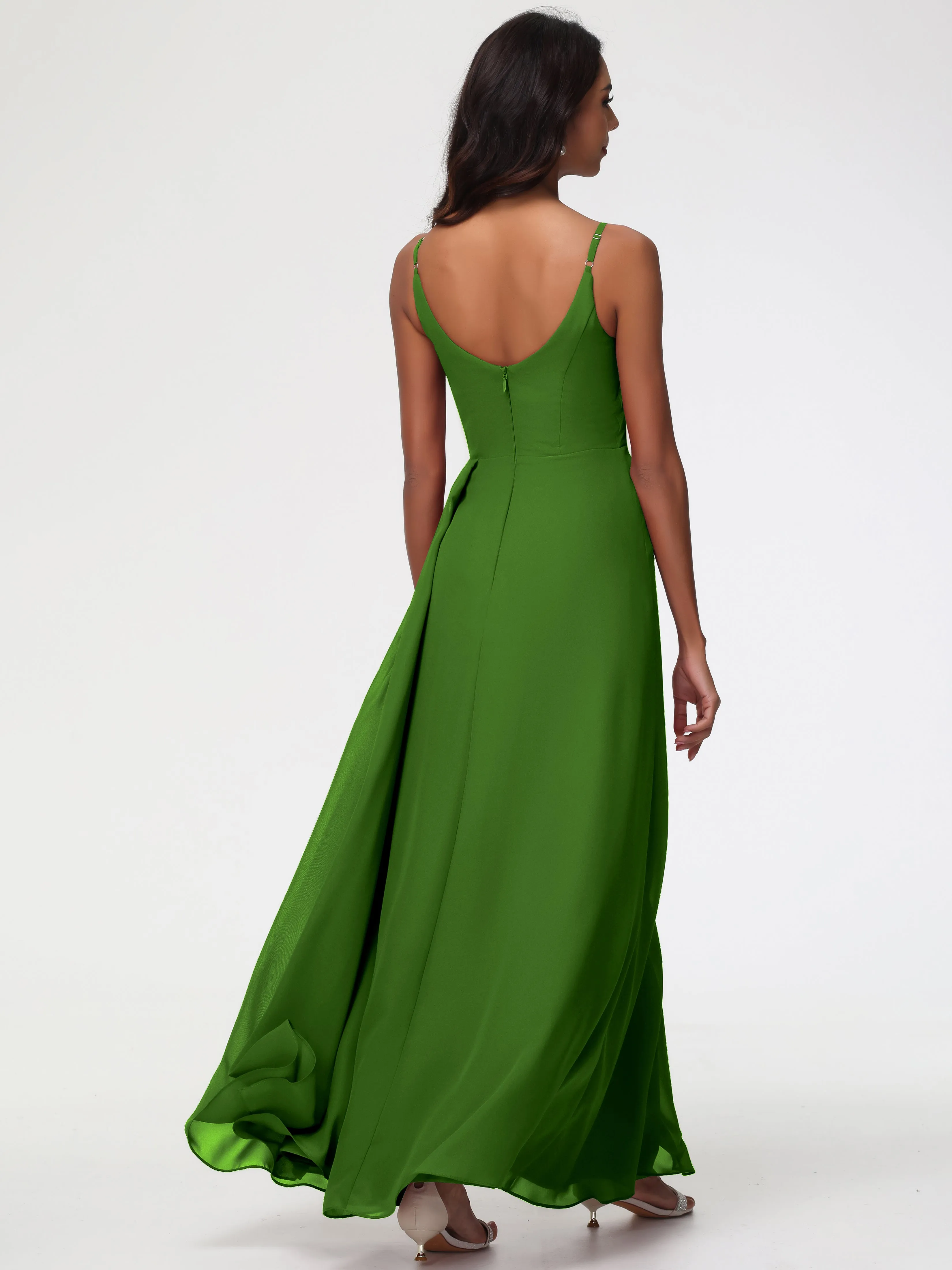Bridesmaid Dresses Moss A-Line V-Neck Spaghetti Straps Ruched Chiffon Bridesmaid Dresses With Slit