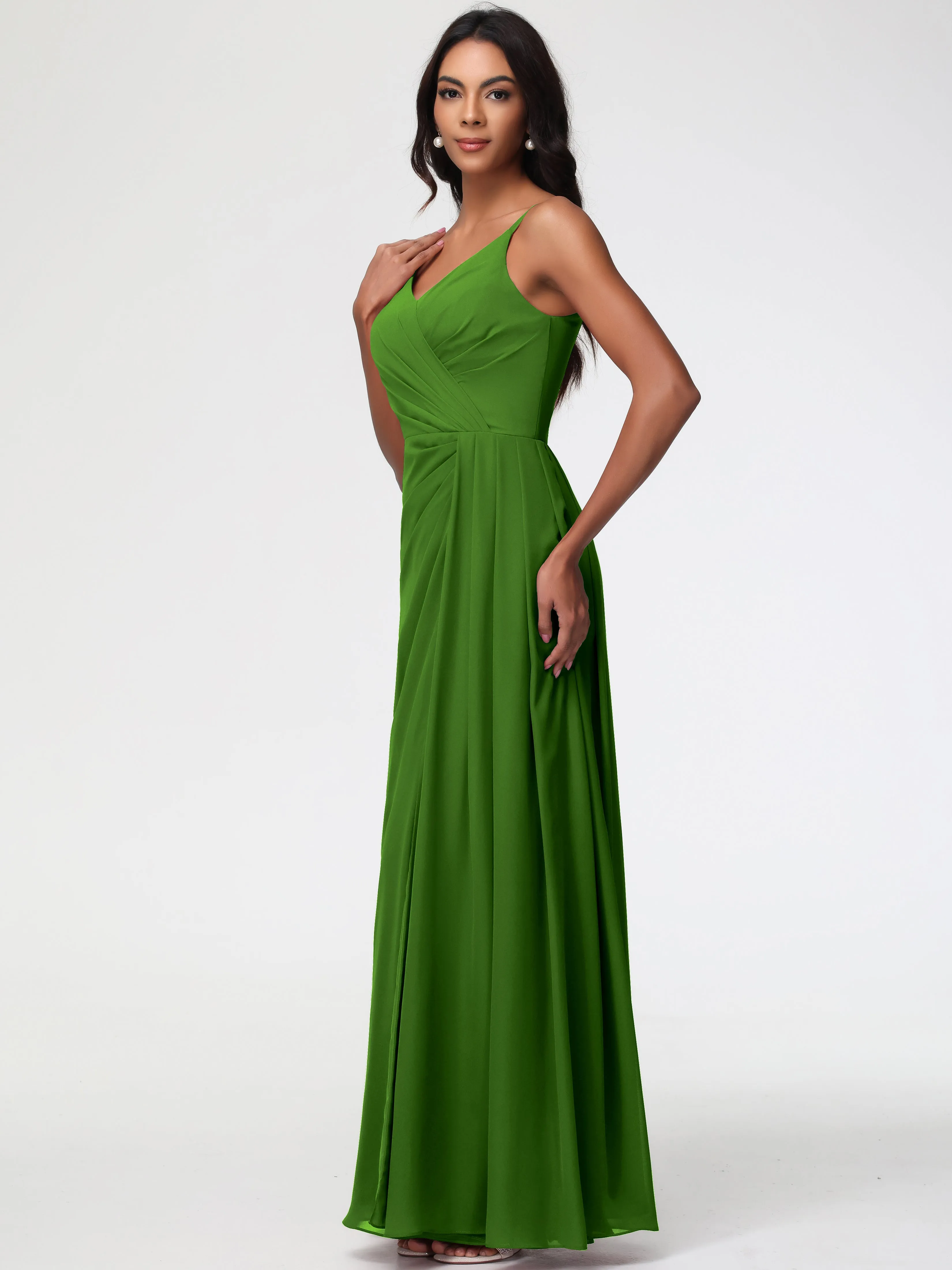 Bridesmaid Dresses Moss A-Line V-Neck Spaghetti Straps Ruched Chiffon Bridesmaid Dresses With Slit