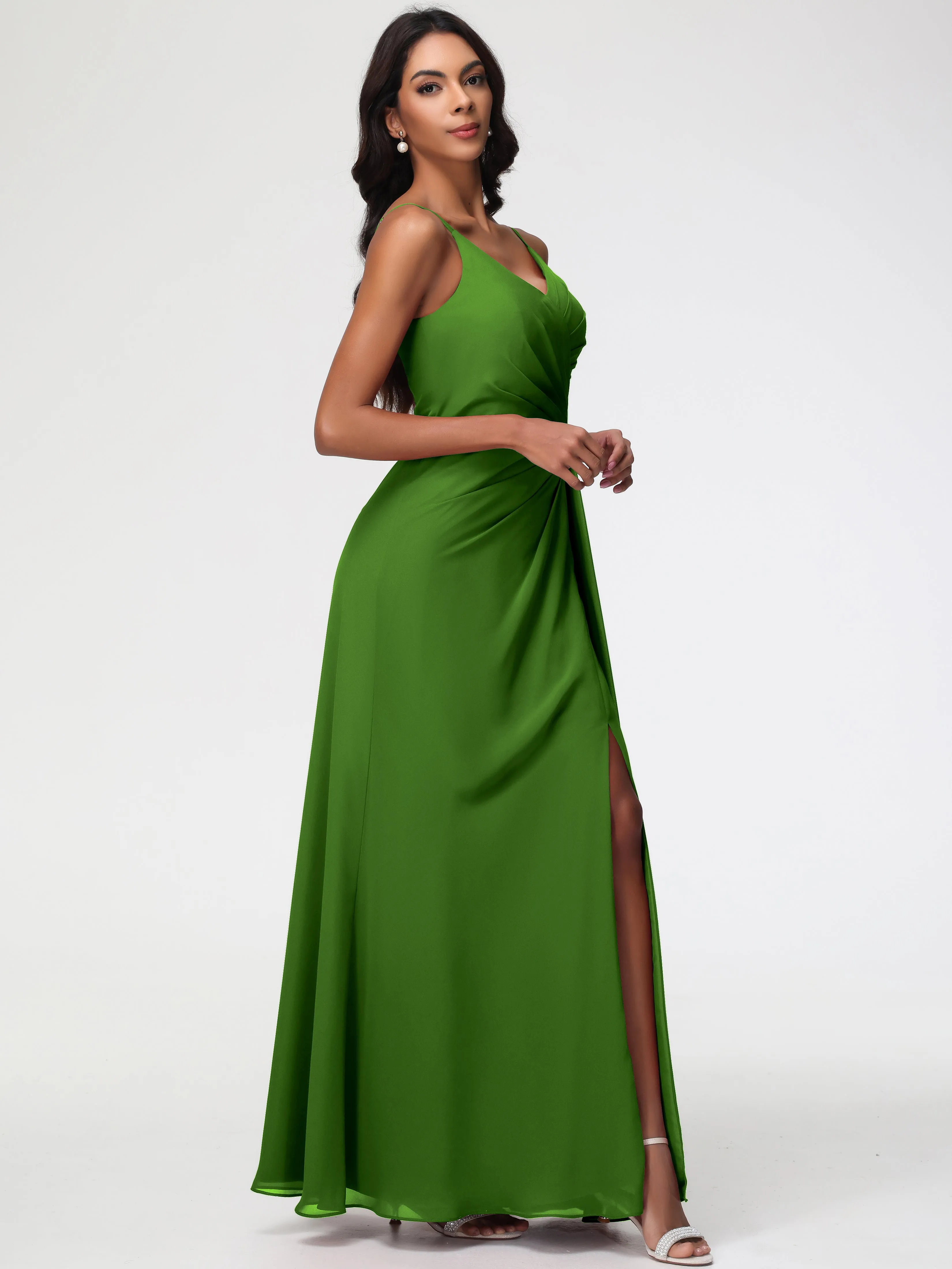 Bridesmaid Dresses Moss A-Line V-Neck Spaghetti Straps Ruched Chiffon Bridesmaid Dresses With Slit
