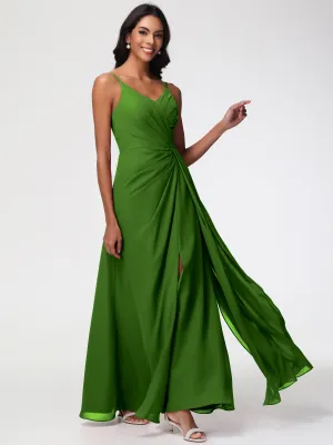 Bridesmaid Dresses Moss A-Line V-Neck Spaghetti Straps Ruched Chiffon Bridesmaid Dresses With Slit