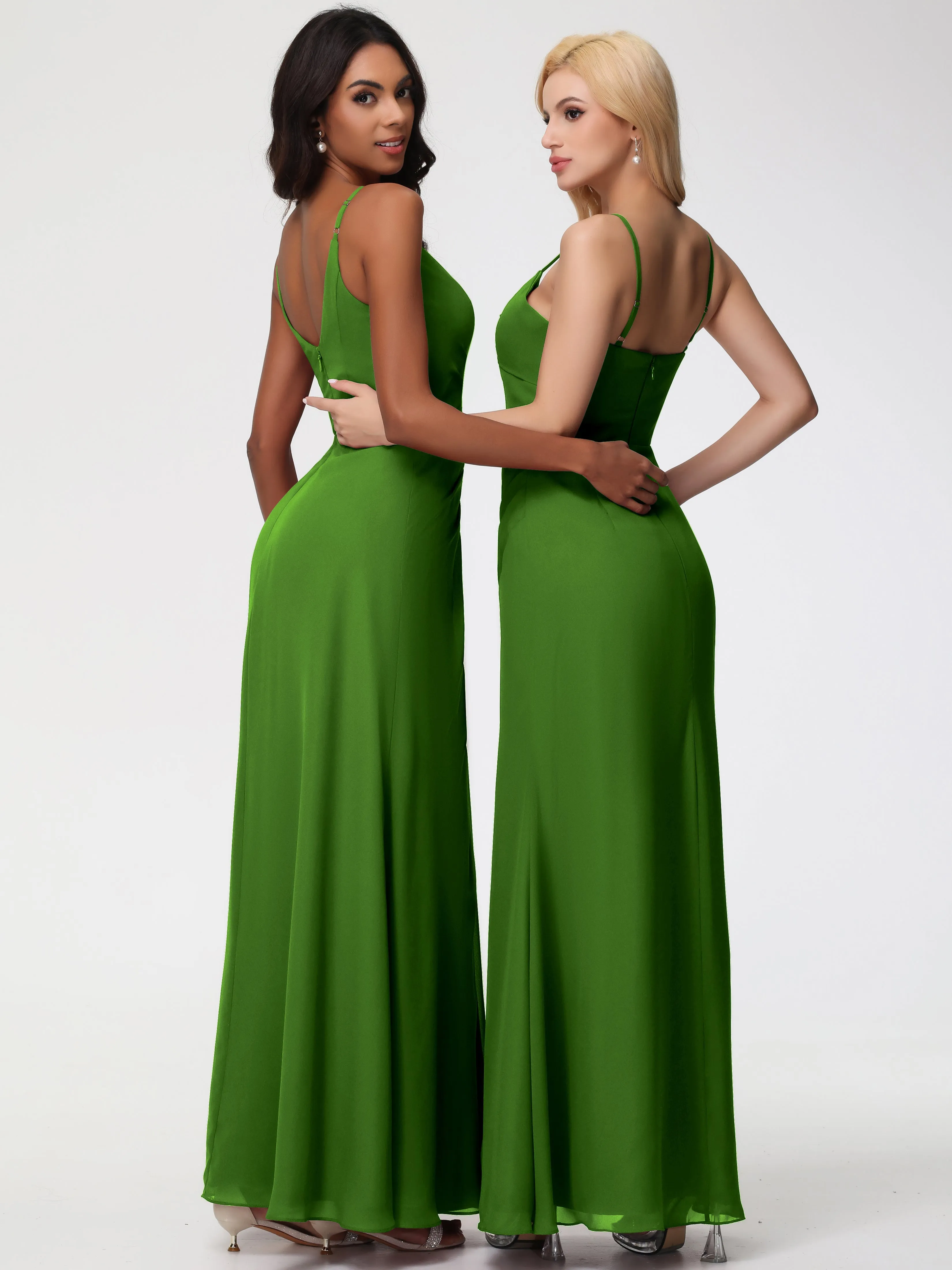 Bridesmaid Dresses Moss A-Line V-Neck Spaghetti Straps Ruched Chiffon Bridesmaid Dresses With Slit