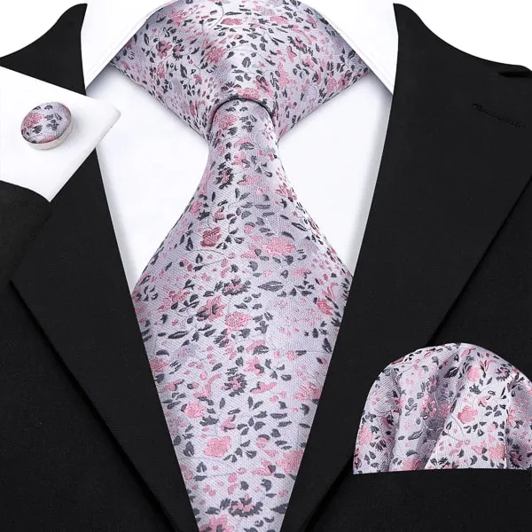 Classy Men Grey Pink Floral Silk Tie