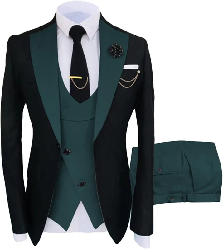 Dark Green Shawl Lapel Three Piece Business Suits Groom Blazer Vest Pants