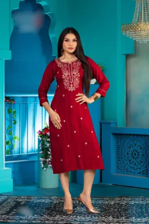 Dazzling Red Color Computer Dori Sequence Embroidery Work A - Line Kurti For Women