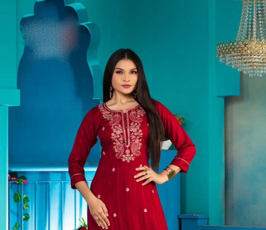 Dazzling Red Color Computer Dori Sequence Embroidery Work A - Line Kurti For Women