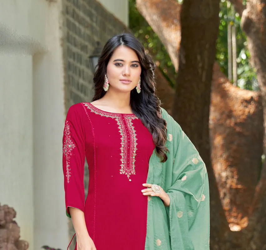 Dazzling Red Colored Heavy Rayon Embroidery Handwork Palazzo Suits With Dupatta For Women