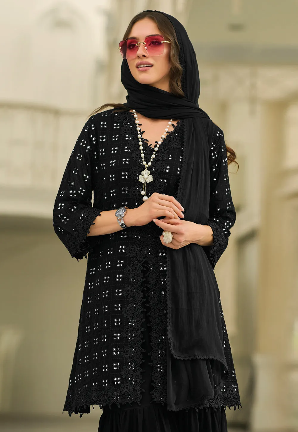 Elegant Black Color Faux Georgette Embroidered Front Slit Sharara Suits For Women