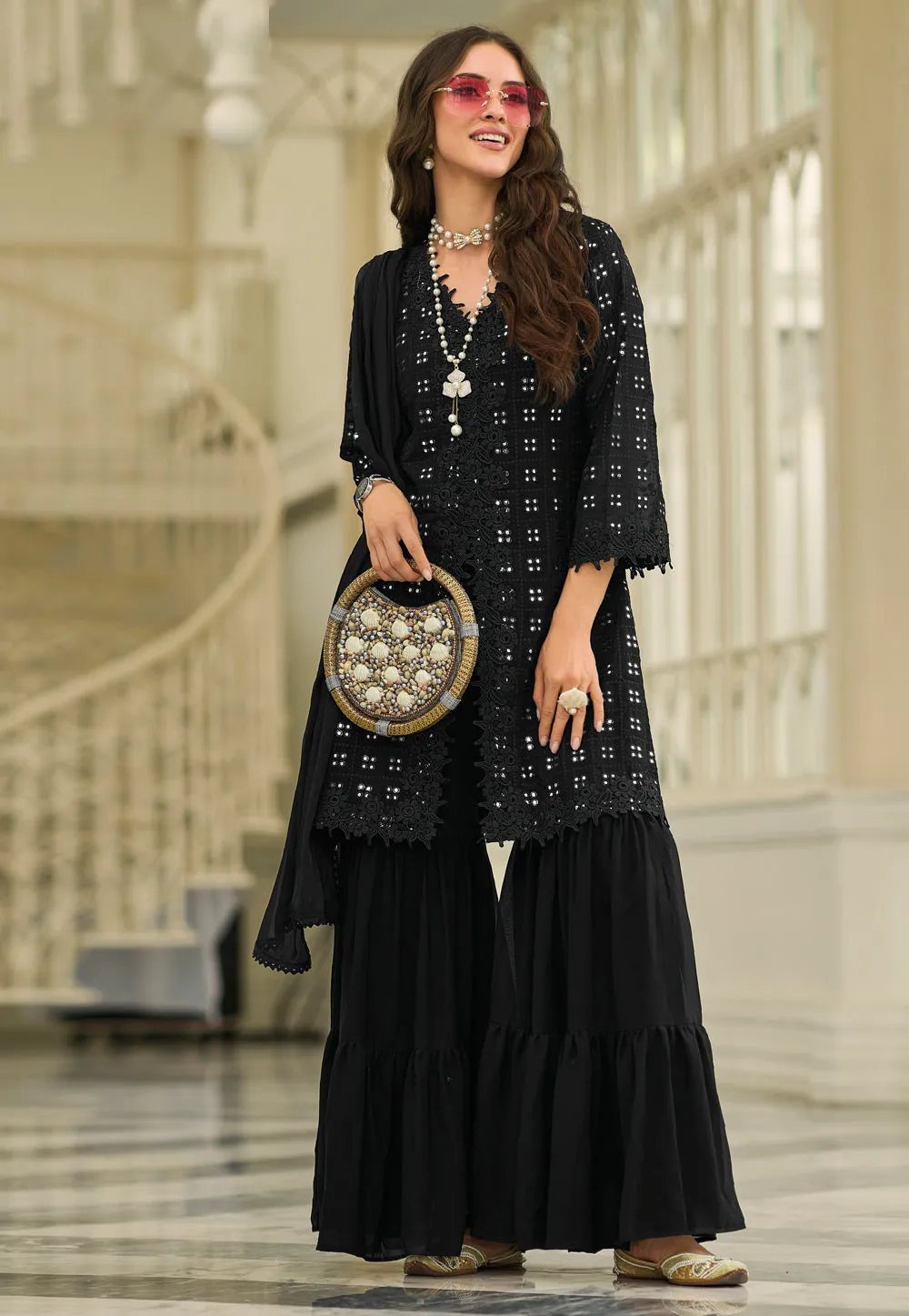 Elegant Black Color Faux Georgette Embroidered Front Slit Sharara Suits For Women