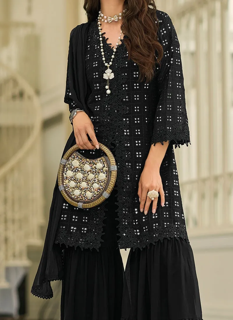 Elegant Black Color Faux Georgette Embroidered Front Slit Sharara Suits For Women