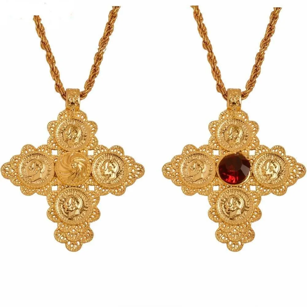 Ethiopian Coin Cross Pendant Necklaces For Women Gold Color Jewelry Eretrian Crosses African Ethnic Ornaments