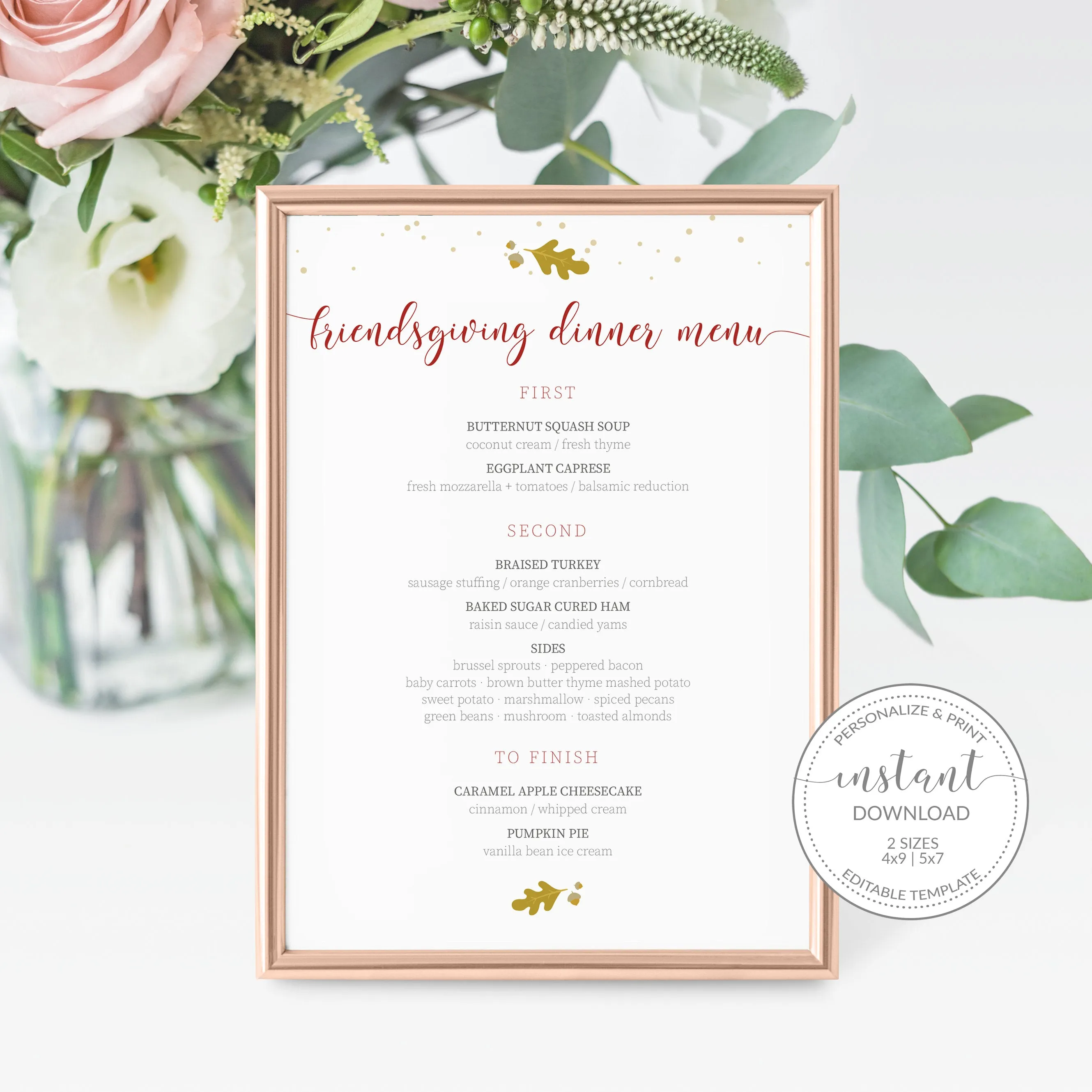 Friendsgiving Menu Template, Printable Fall Dinner Menu, Editable INSTANT DOWNLOAD - FL100