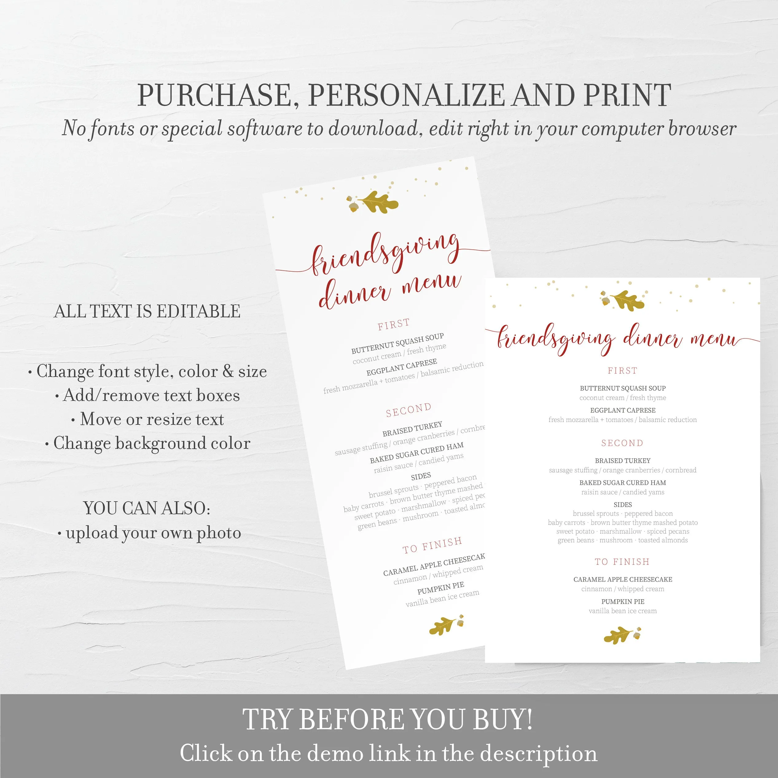 Friendsgiving Menu Template, Printable Fall Dinner Menu, Editable INSTANT DOWNLOAD - FL100