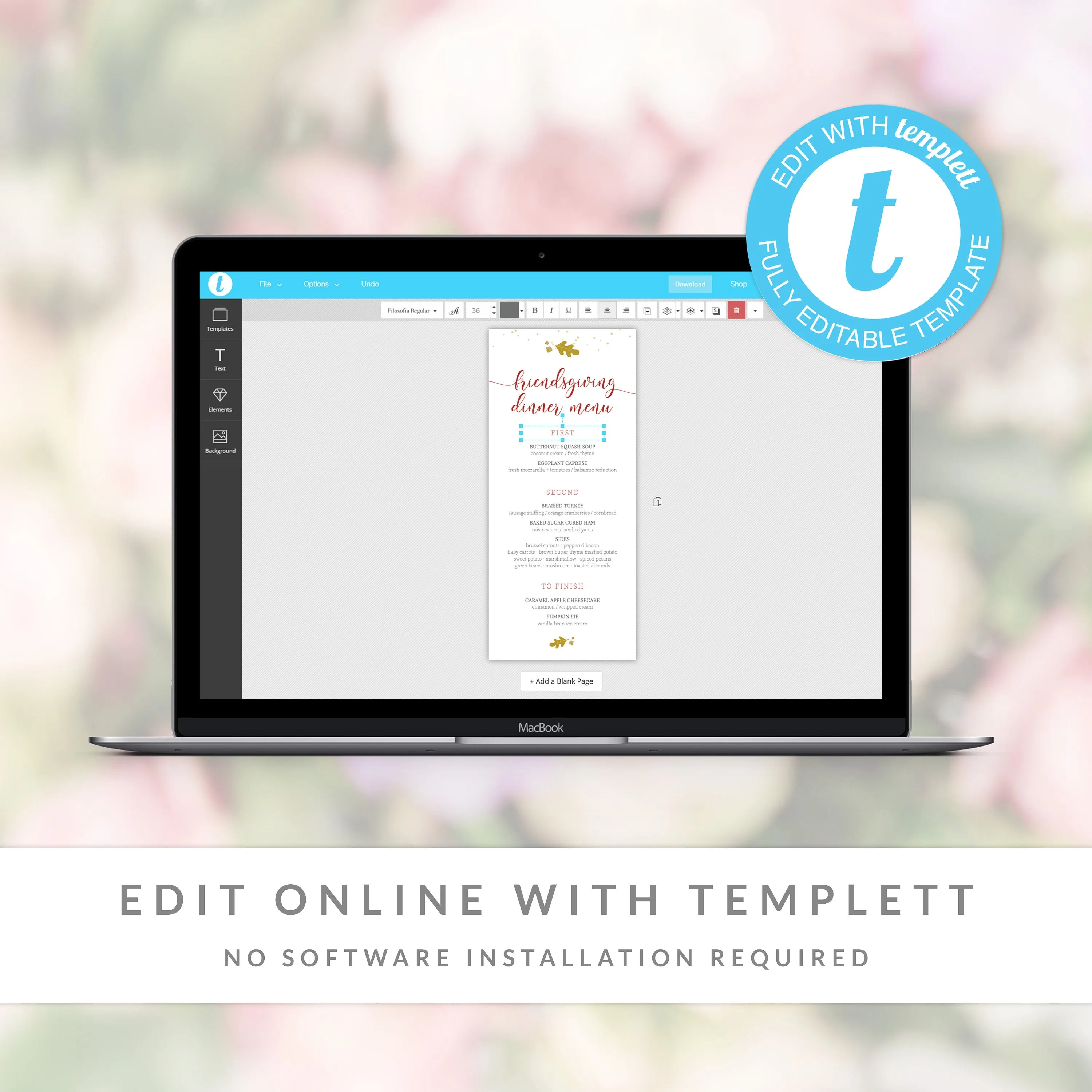 Friendsgiving Menu Template, Printable Fall Dinner Menu, Editable INSTANT DOWNLOAD - FL100