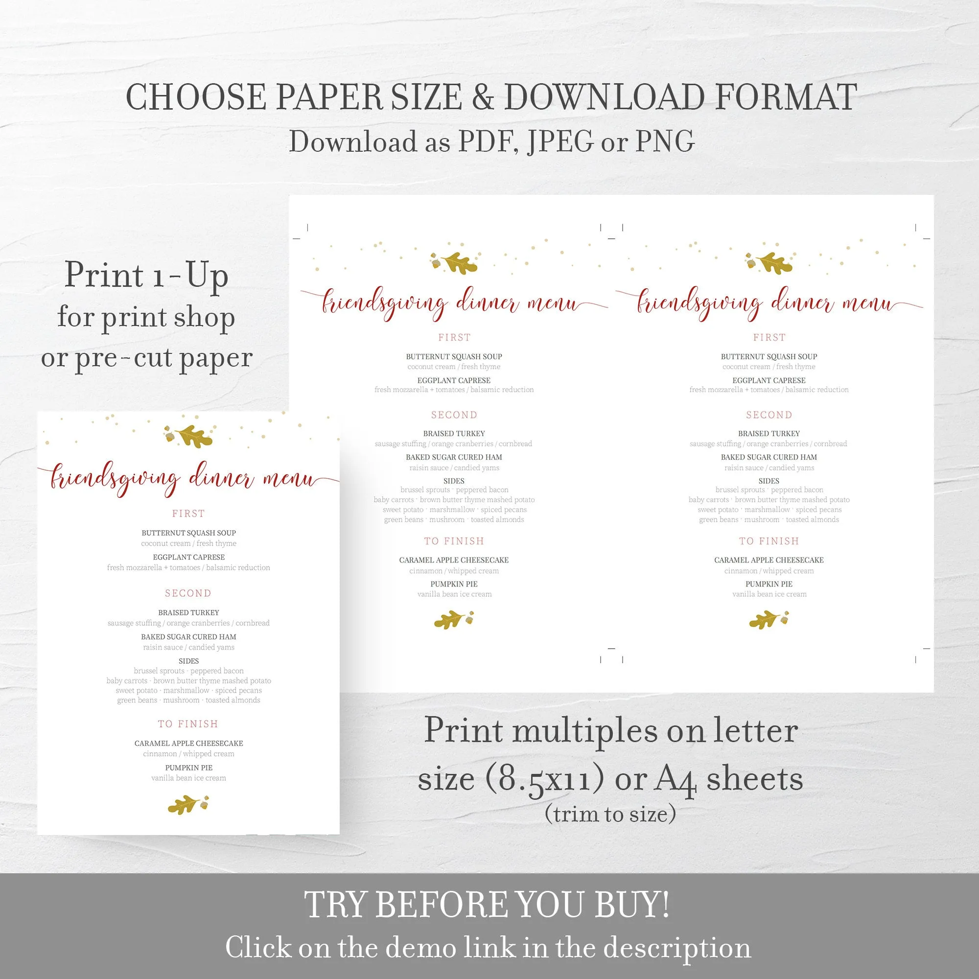 Friendsgiving Menu Template, Printable Fall Dinner Menu, Editable INSTANT DOWNLOAD - FL100