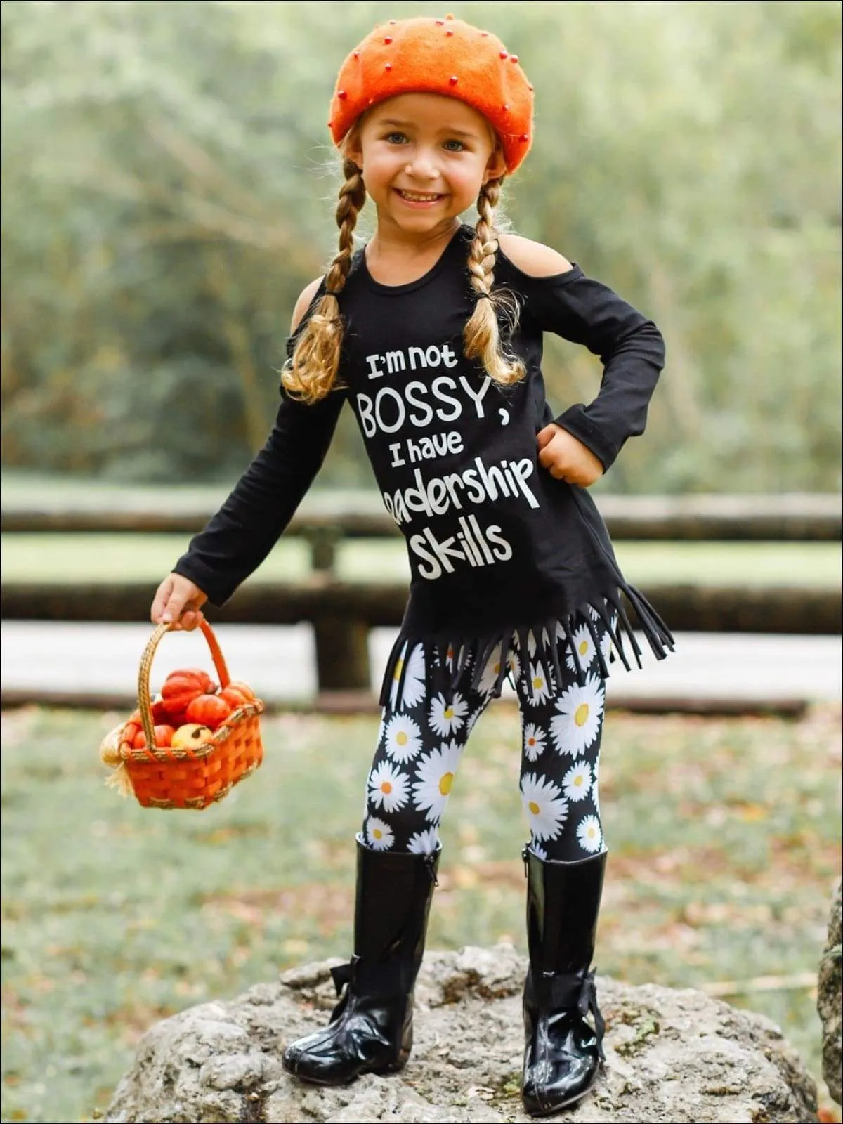Girls Black Daisy Print Elastic Waist Leggings