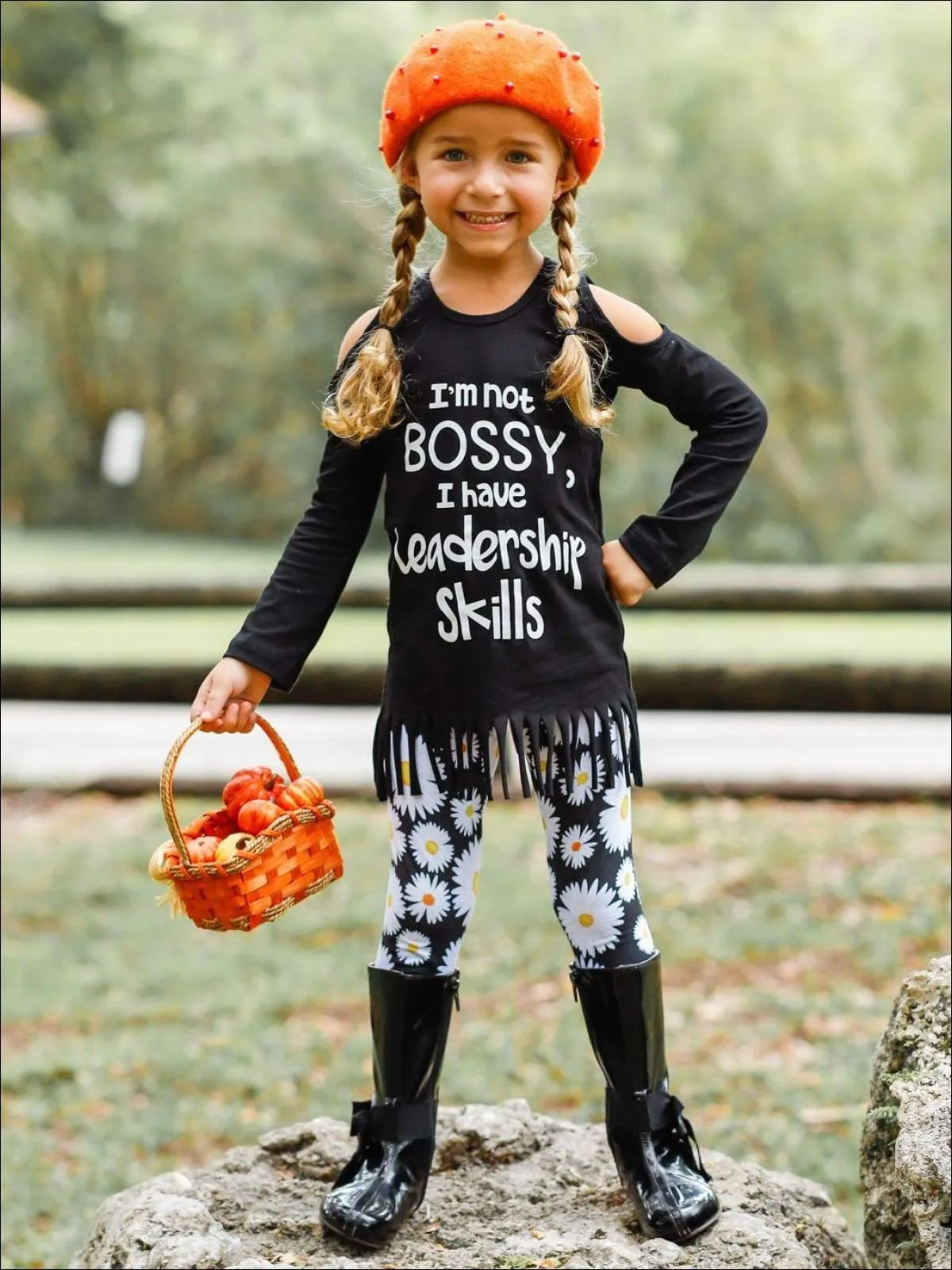 Girls Black Daisy Print Elastic Waist Leggings