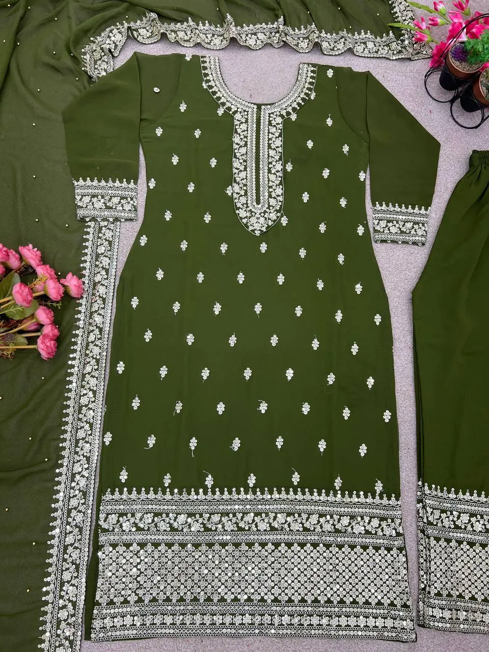 Gorgeous Green Colored Chinon Silk Heavy Embroidery With Sequins Work Palazzo Suits For Women