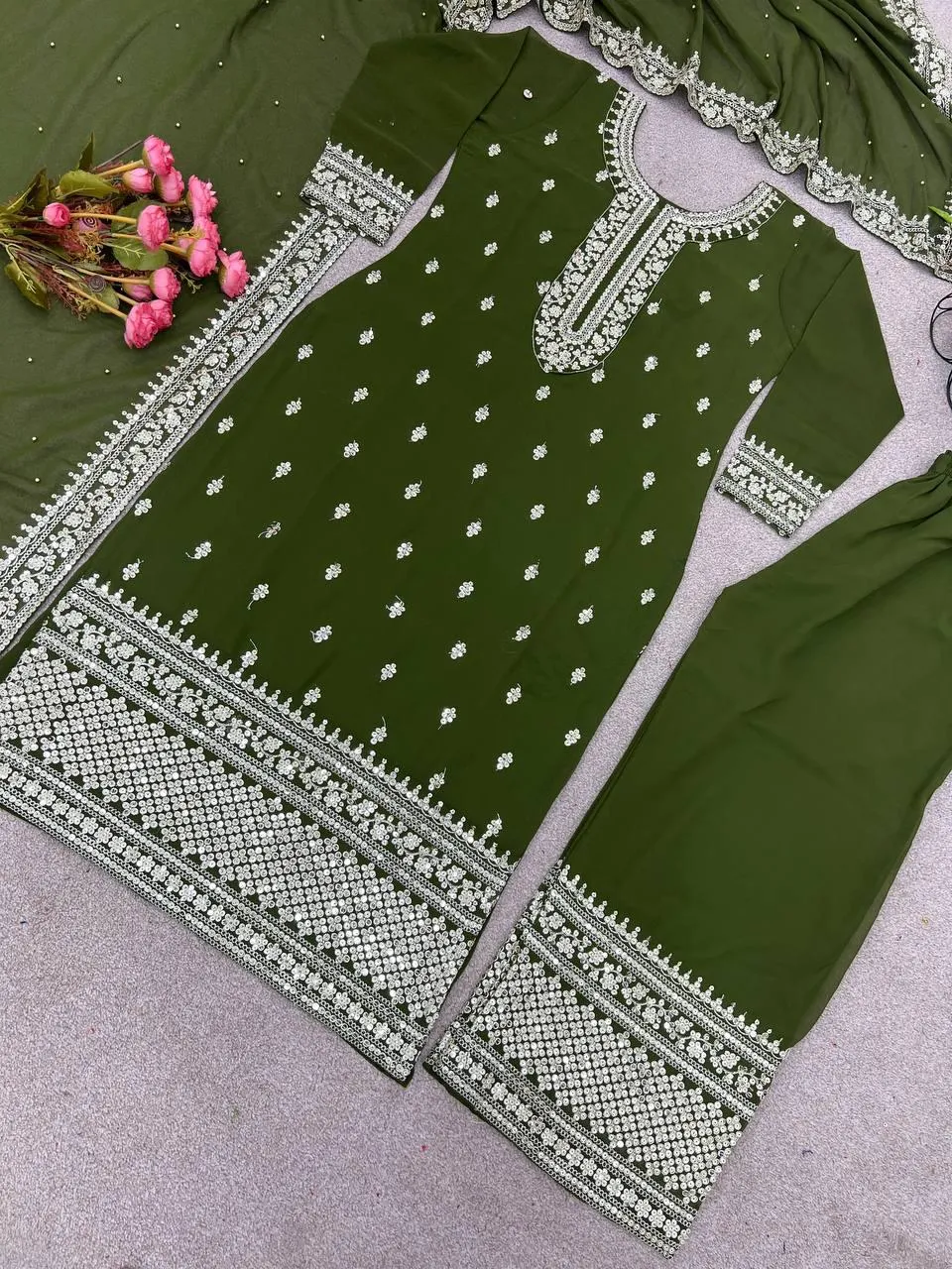 Gorgeous Green Colored Chinon Silk Heavy Embroidery With Sequins Work Palazzo Suits For Women