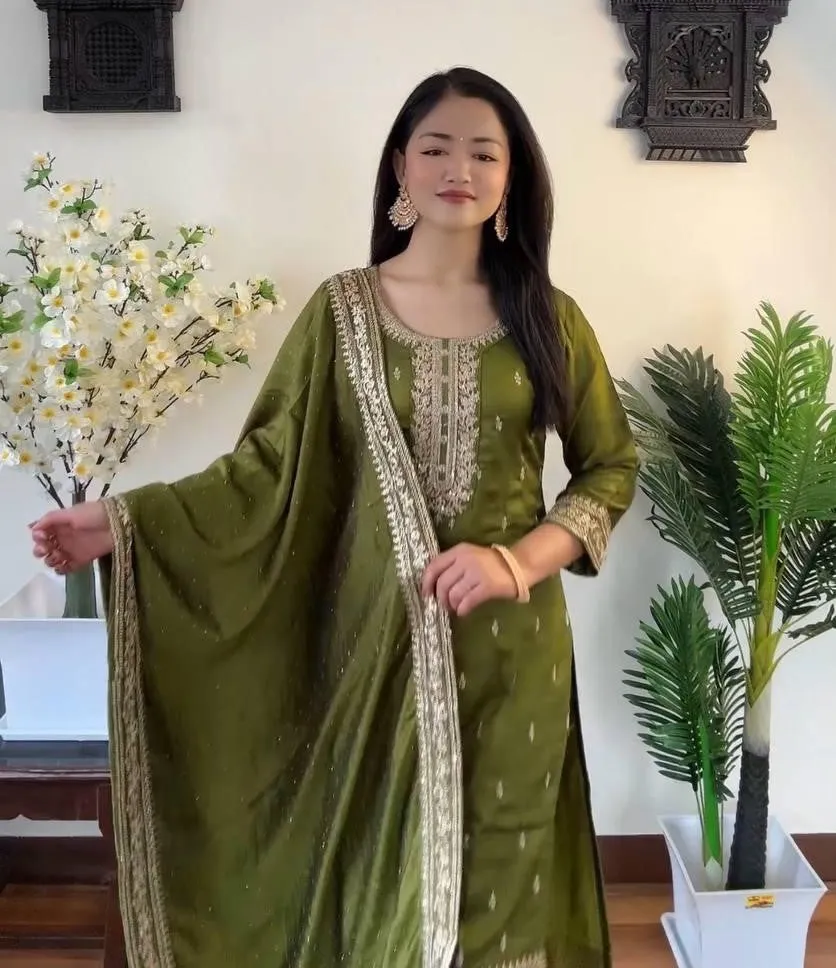 Gorgeous Green Colored Chinon Silk Heavy Embroidery With Sequins Work Palazzo Suits For Women