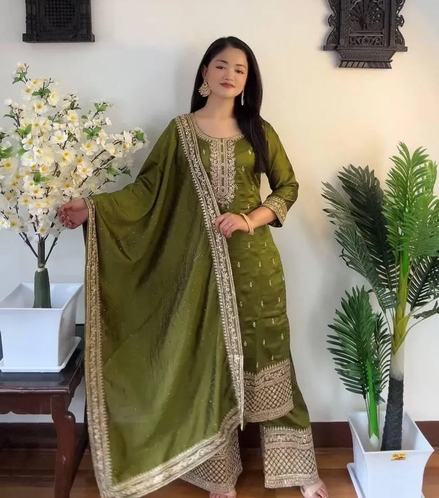 Gorgeous Green Colored Chinon Silk Heavy Embroidery With Sequins Work Palazzo Suits For Women