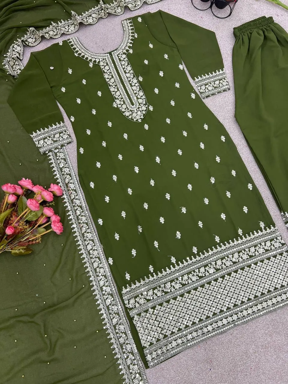 Gorgeous Green Colored Chinon Silk Heavy Embroidery With Sequins Work Palazzo Suits For Women