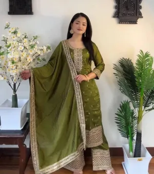 Gorgeous Green Colored Chinon Silk Heavy Embroidery With Sequins Work Palazzo Suits For Women
