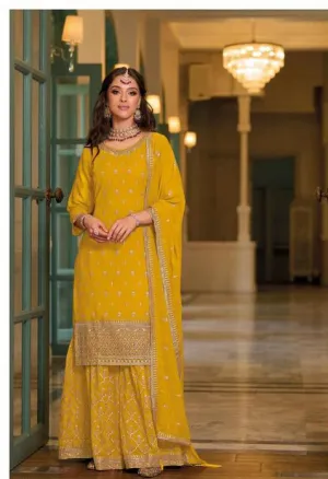 Gorgeous Yellow Color Blooming Georgette Embroidery Work Palazzo Suits With Dupatta For Women