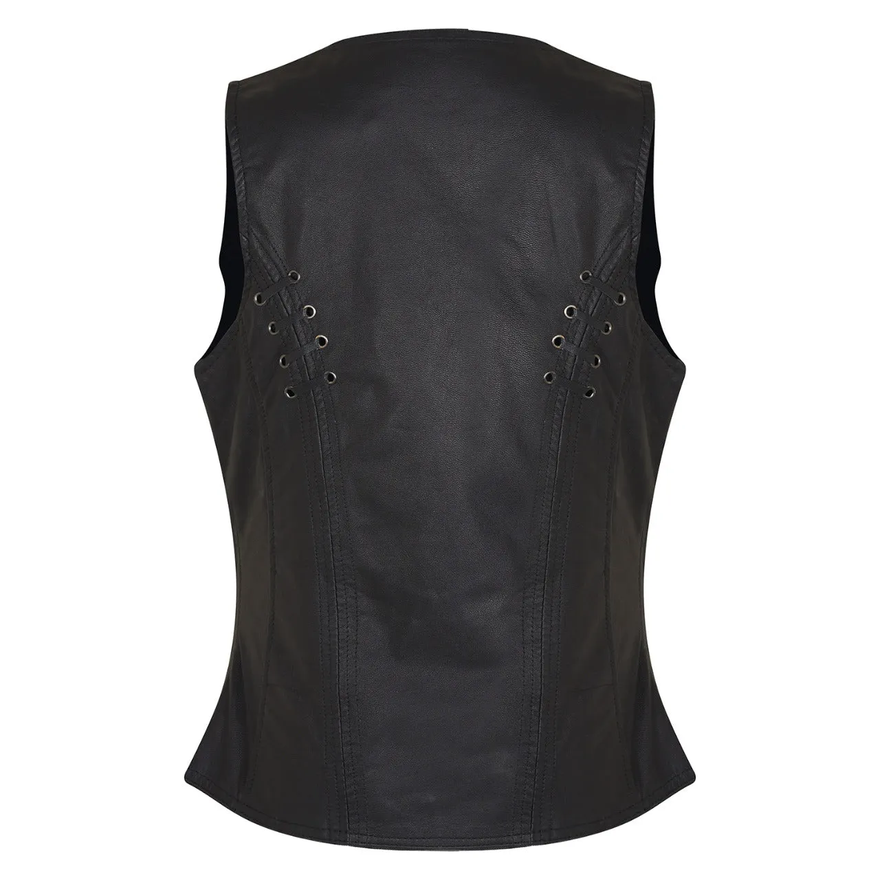 HML1038B Ladies Lightweight Naked Goatskin Leather Vest with Grommets, Twill and Lace Highlights