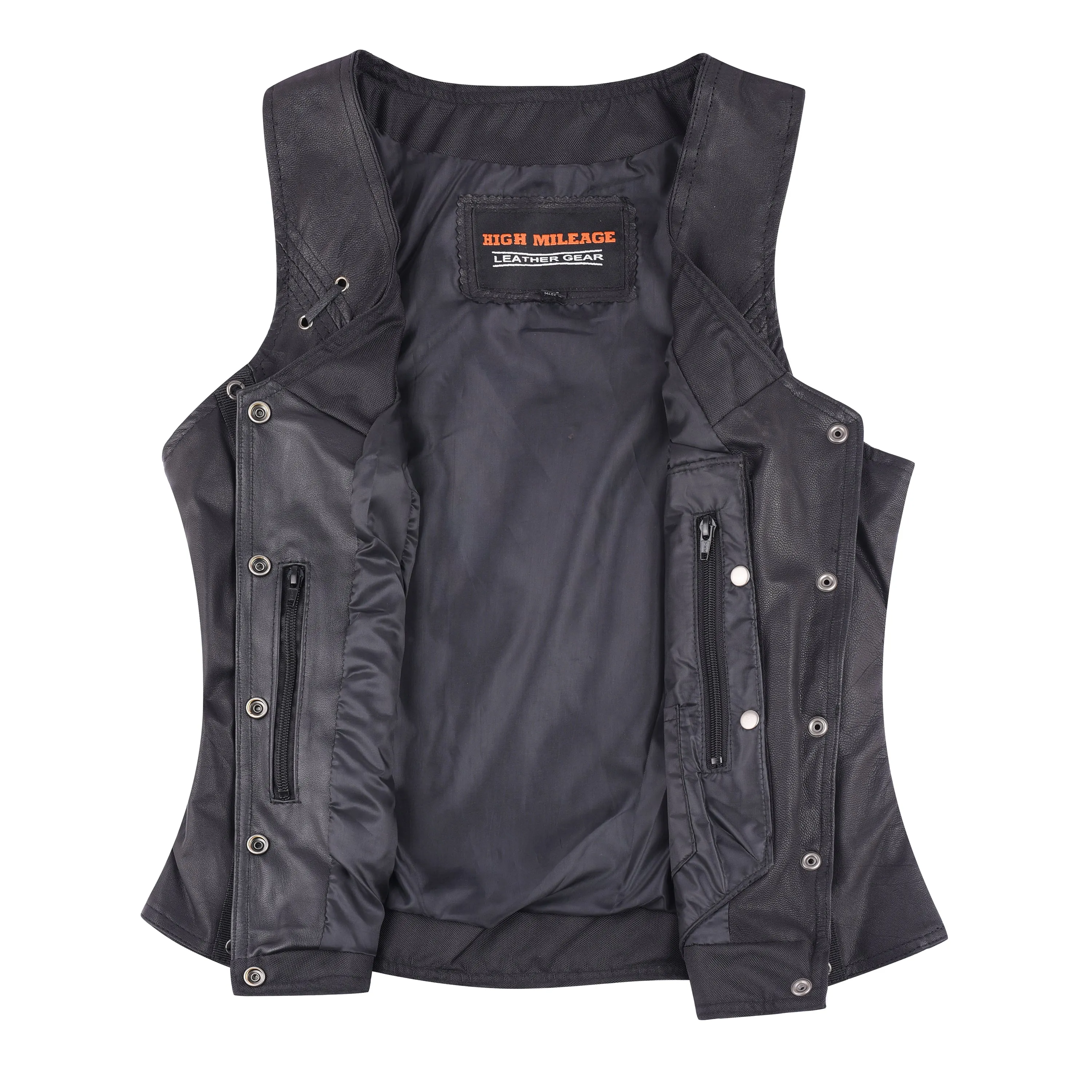 HML1038B Ladies Lightweight Naked Goatskin Leather Vest with Grommets, Twill and Lace Highlights
