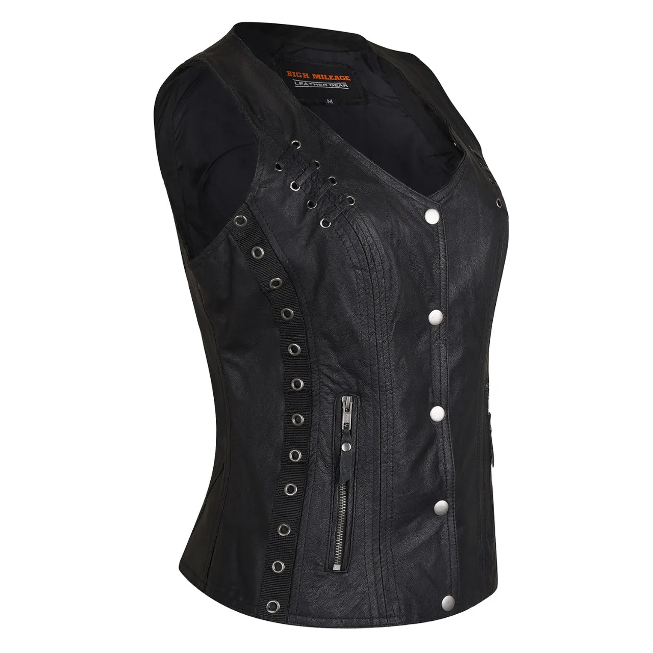 HML1038B Ladies Lightweight Naked Goatskin Leather Vest with Grommets, Twill and Lace Highlights