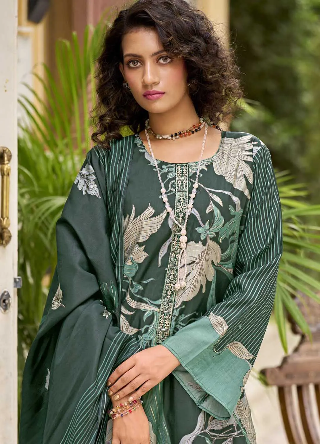 Kilory Green Unstitched Muslin Salwar Suit Dress Material for Women